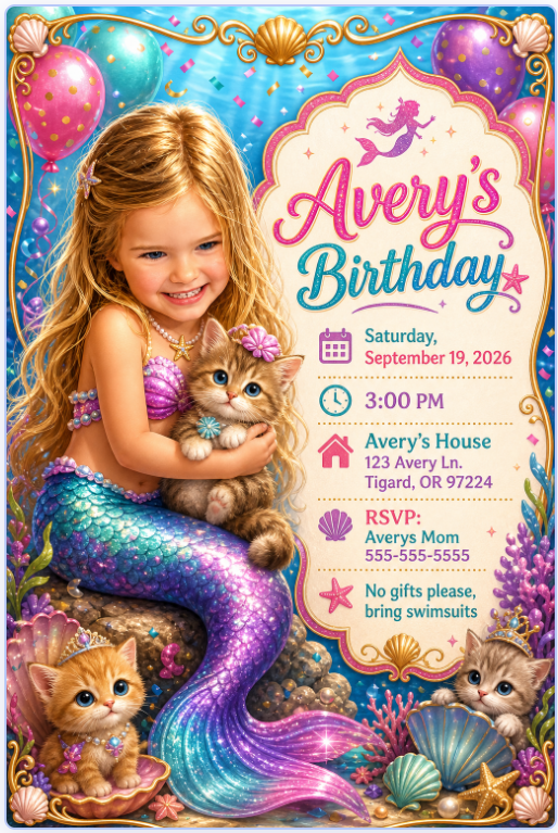 Mermaid birthday invitation example